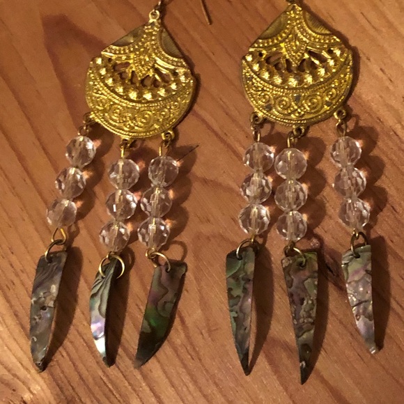 Golden Crystal and Abalone Dangle Earrings - Picture 2 of 5